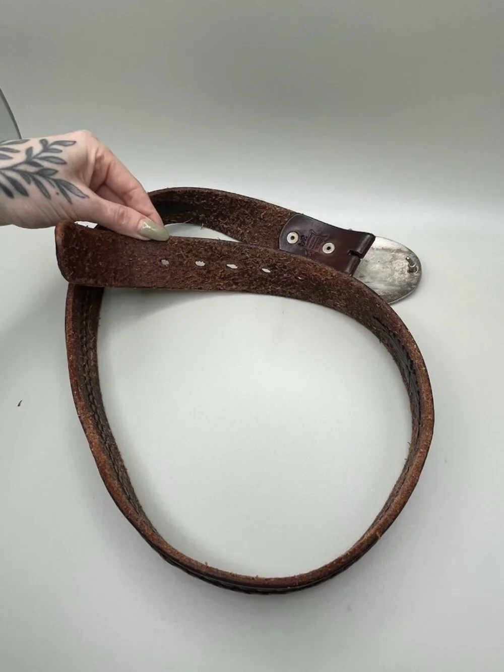VTG Mexican Alpaca Silver Kokopelli Abalone Tooled Leather Belt Western 34”